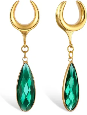 1 Pair Saddle Gauges Earring with Green Crystal Stone Ear Dangle Plugs Tunnels 00G 6mm-25mm (0G-1") Body Piercing Jewelry
