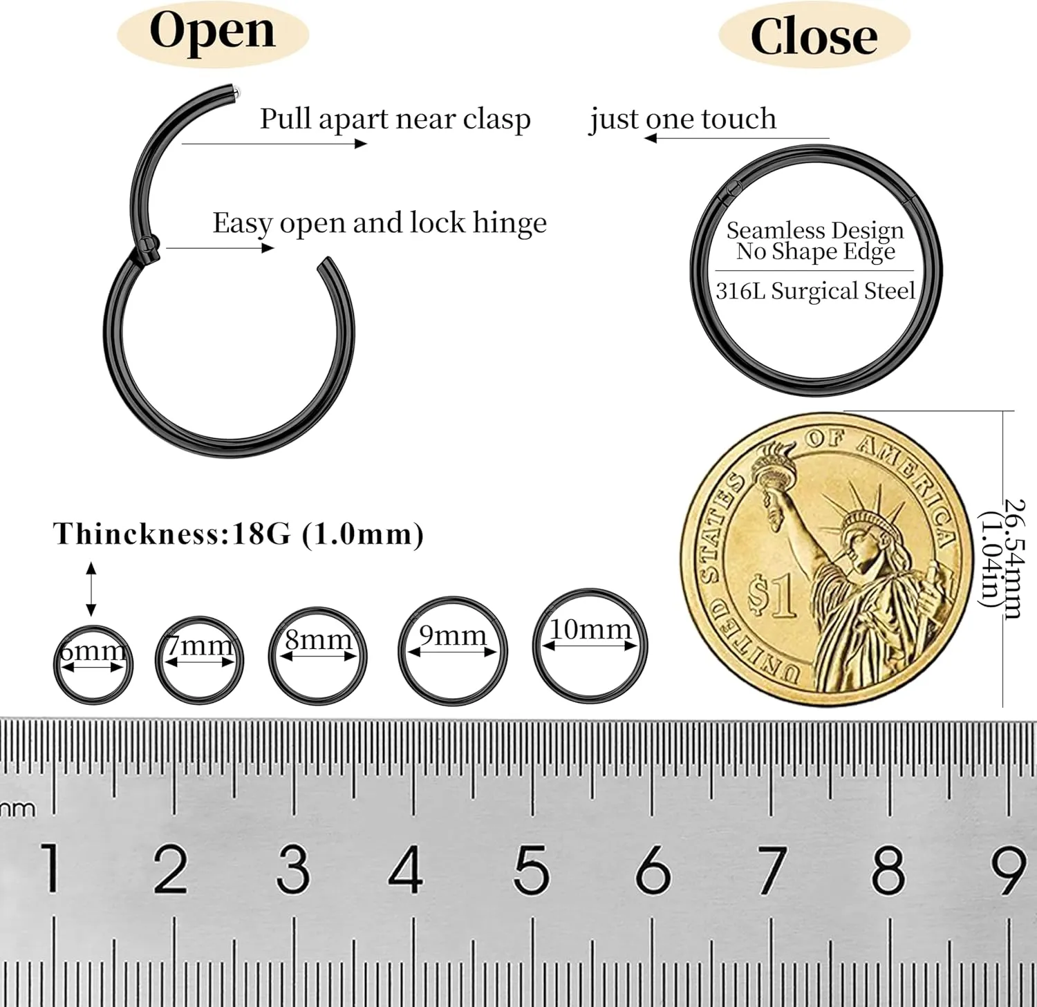 10Pcs 18G 20G Surgical Steel Nose Rings Hoops for Women Men Hinged Seamless Clicker Nose Hoops Cartilage Helix Tragus Daith Sleeper Earrings Hoop Hypoallergenic Nose Piercing 6/7/8/9/10MM