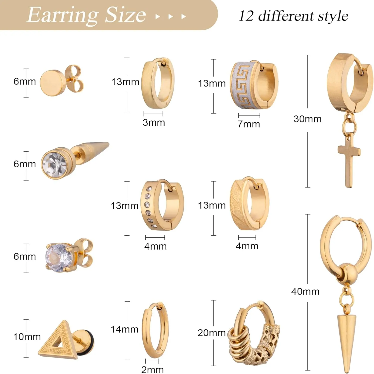 12 Pairs Earrings for Men Black Gold Silver Men Earrings Stainless Steel Mens Stud Earrings Set Hypoallergenic Cross Dangle Hoop Earrings Fashion Piercing Jewelry Gift for Men Women