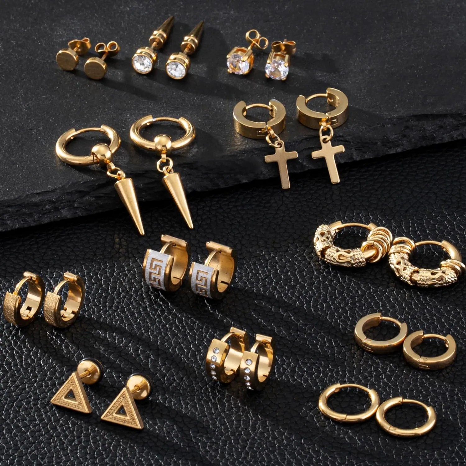12 Pairs Earrings for Men Black Gold Silver Men Earrings Stainless Steel Mens Stud Earrings Set Hypoallergenic Cross Dangle Hoop Earrings Fashion Piercing Jewelry Gift for Men Women