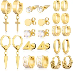 12 Pairs Earrings for Men Black Gold Silver Men Earrings Stainless Steel Mens Stud Earrings Set Hypoallergenic Cross Dangle Hoop Earrings Fashion Piercing Jewelry Gift for Men Women