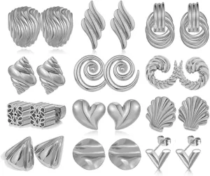 12 Pairs Gold Silver Statement Geometric Textured Earrings Spiral Earrings Chunky Trendy Knot Stud Long Twisted Link Earring Jewelry Set for Women