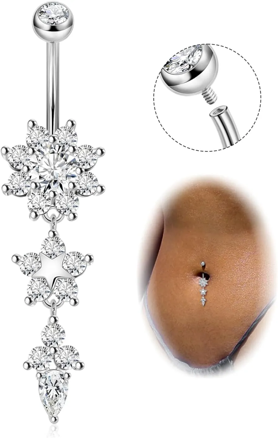 14G Pure G23 Titanium Dangle Belly Button Rings for Women Internally Thread Curved Barbell Belly Rings Dangling Navel Rings CZ Flower Navel Piercing Jewelry 6mm
