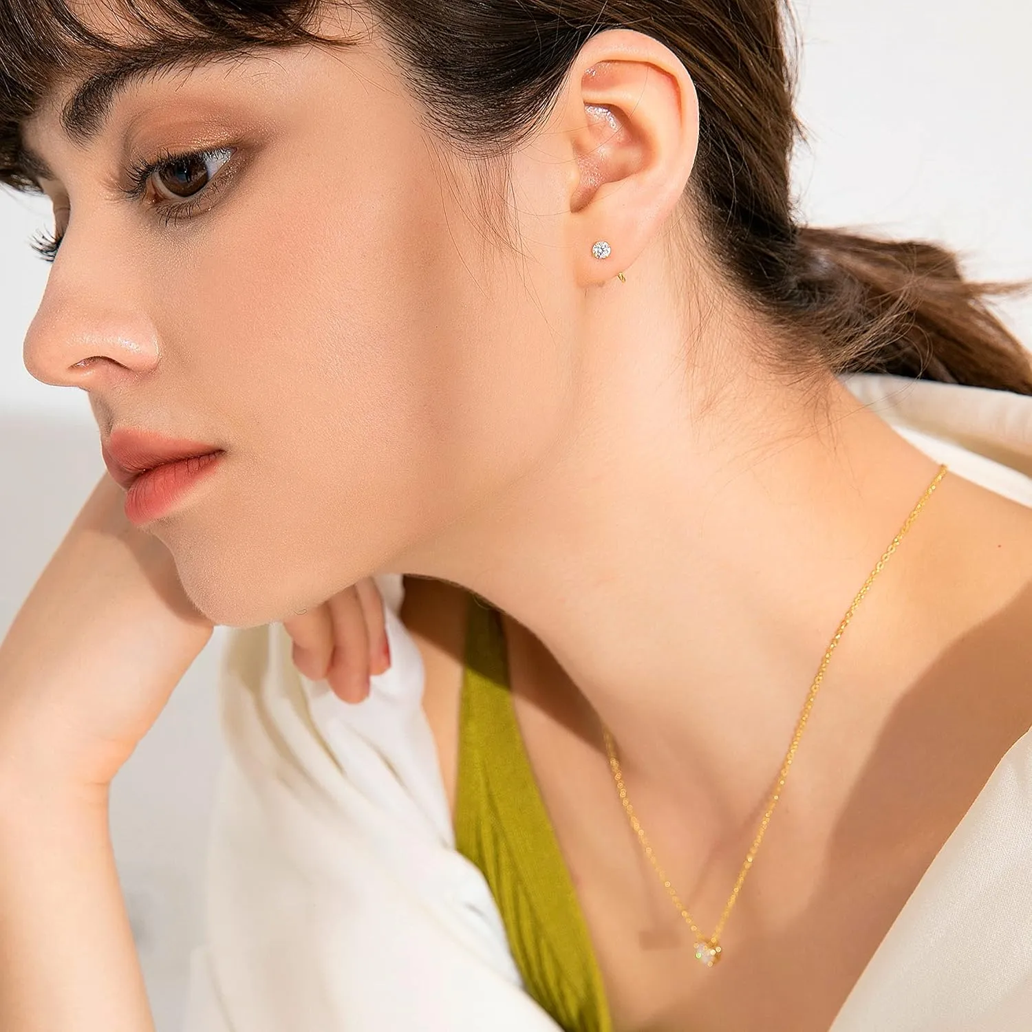 14k Gold Plated 925 Sterling Silver Small Half Huggie Hoop Earrings for Women Girls, Hypoallergenic Colored Cartilage Earring Studs | Gold Earrings for Women (White Gold, Pink Crystal)