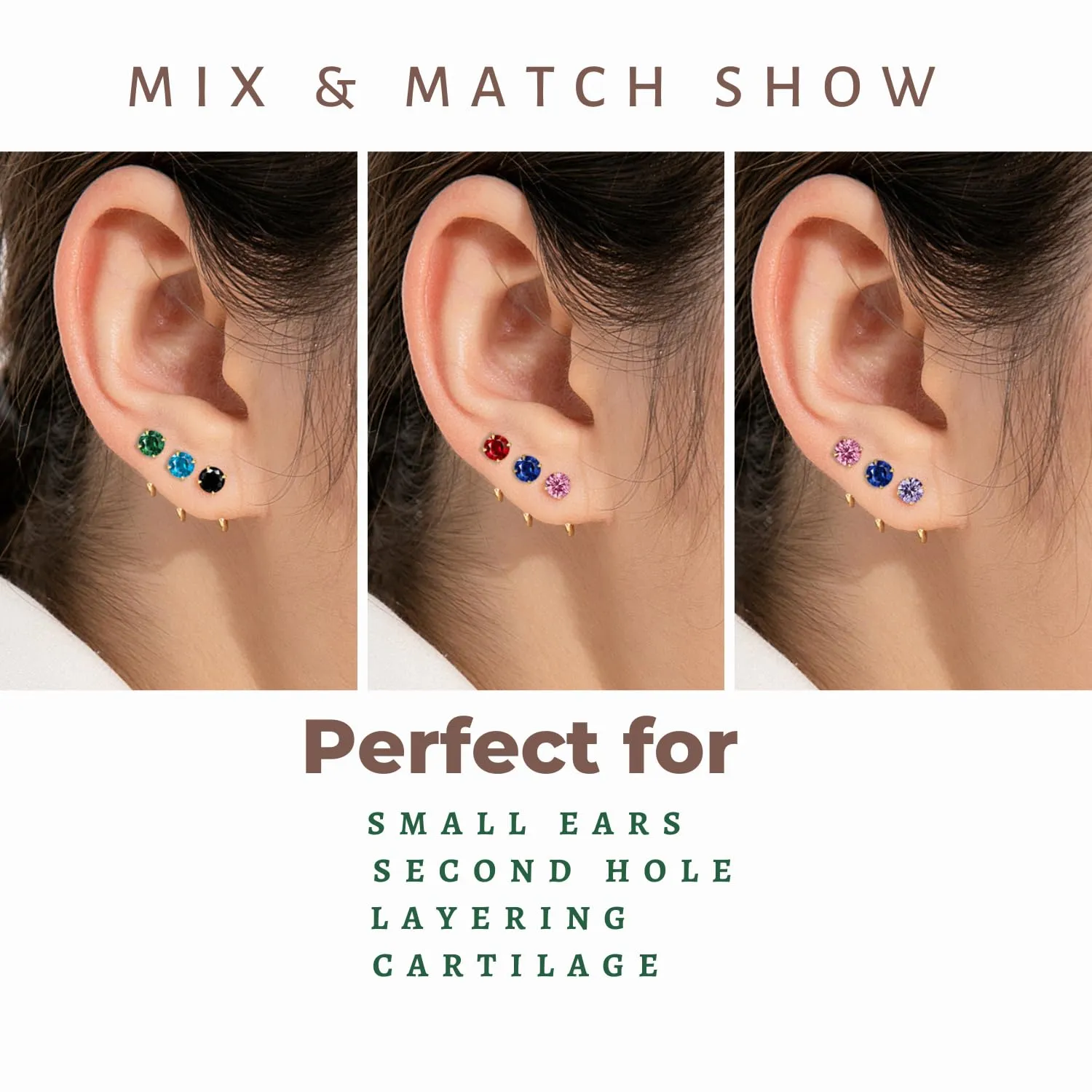 14k Gold Plated 925 Sterling Silver Small Half Huggie Hoop Earrings for Women Girls, Hypoallergenic Colored Cartilage Earring Studs | Gold Earrings for Women (White Gold, Pink Crystal)
