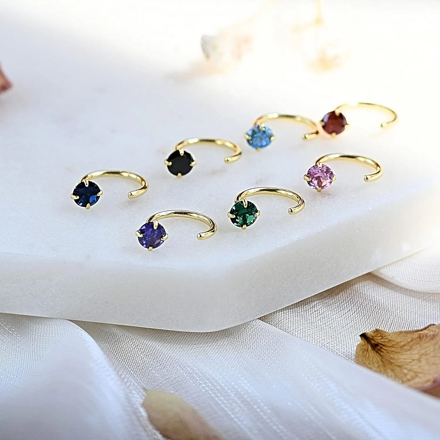 14k Gold Plated 925 Sterling Silver Small Half Huggie Hoop Earrings for Women Girls, Hypoallergenic Colored Cartilage Earring Studs | Gold Earrings for Women (White Gold, Pink Crystal)