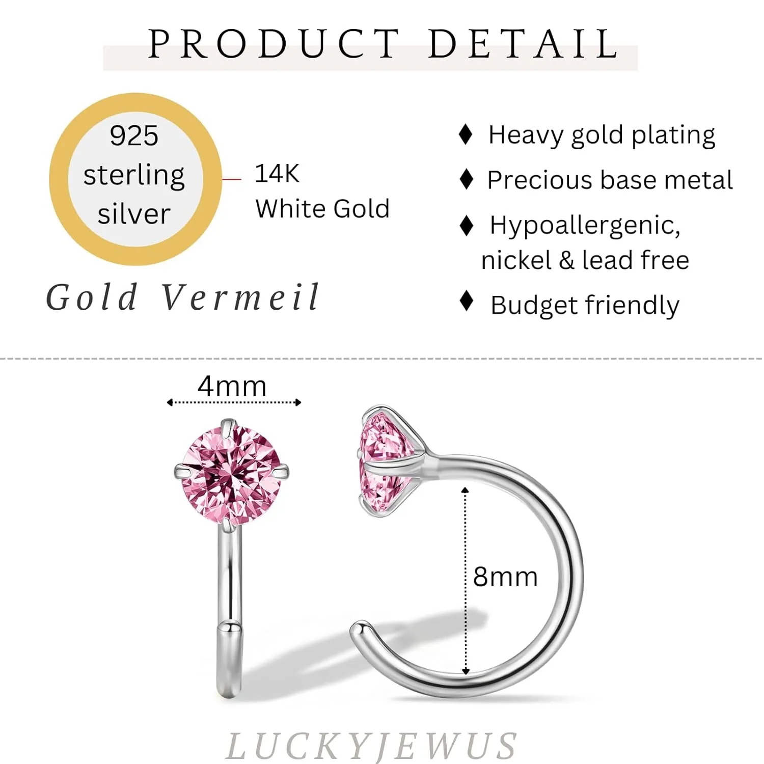 14k Gold Plated 925 Sterling Silver Small Half Huggie Hoop Earrings for Women Girls, Hypoallergenic Colored Cartilage Earring Studs | Gold Earrings for Women (White Gold, Pink Crystal)