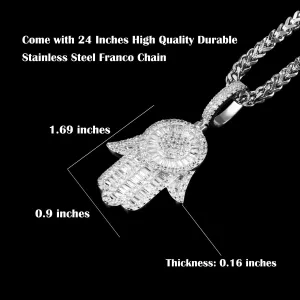 14K Gold Plated Micro Full Iced CZ Out Hamsa Hands Pendant with 28" Franco Chain Necklaces For Men Women Hip Hop Zircon Hamsa Necklace