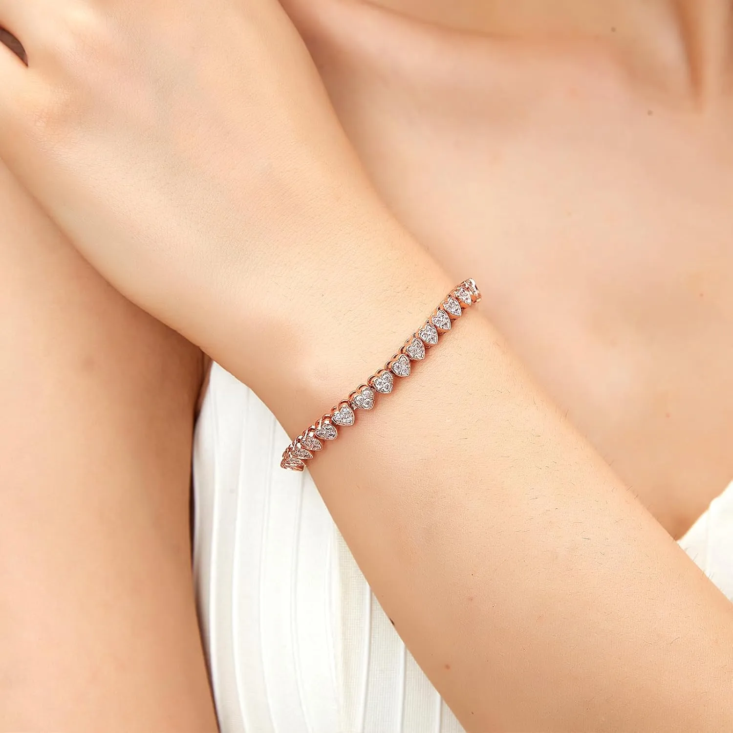 14K Gold Rose Gold White Gold Plated Cubic Zirconia Tennis Bracelet for Women Heart Shape CZ Adjustable Tennis Bracelet Fashion Jewelry Gifts for Women Girls