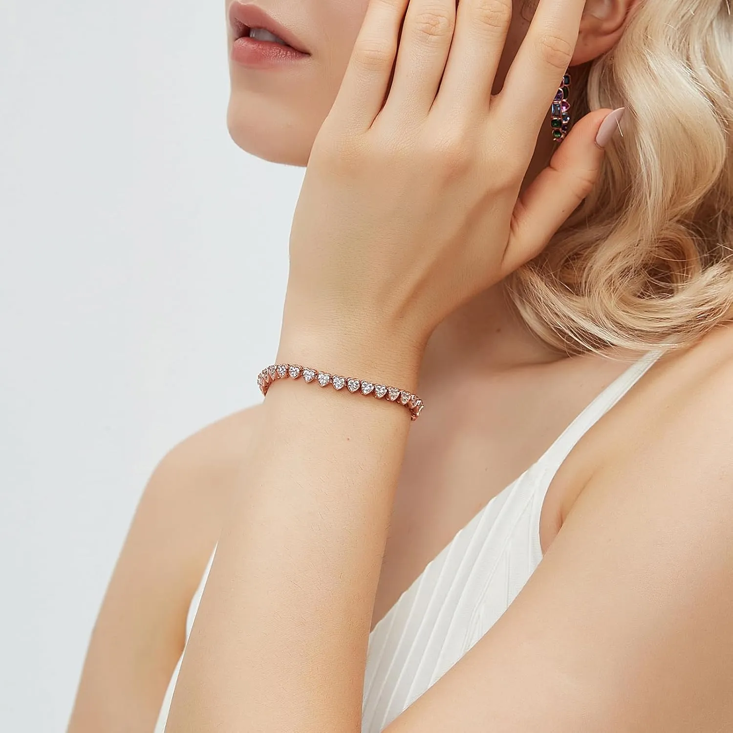 14K Gold Rose Gold White Gold Plated Cubic Zirconia Tennis Bracelet for Women Heart Shape CZ Adjustable Tennis Bracelet Fashion Jewelry Gifts for Women Girls