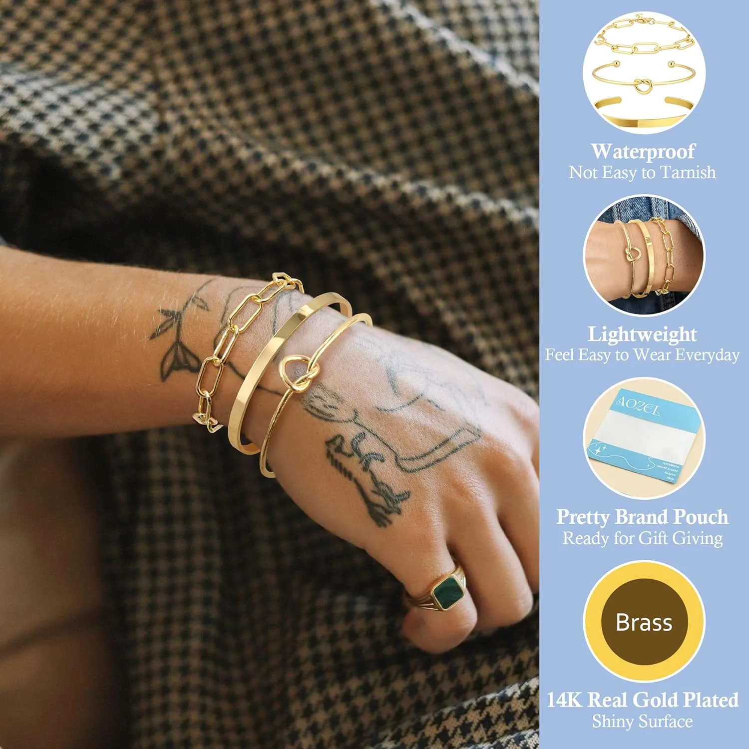 14K Real Gold Plated Bracelets for Women Stack,Bangle Cuff Bracelet Set Non Tarnish Jewelry for Women Trendy