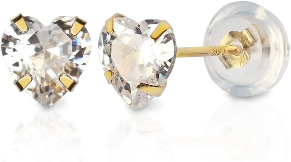 14k real solid Yellow Gold white cz Stud chunky Earrings for women Cubic Zirconia with 14k gold silicone earring flat backs