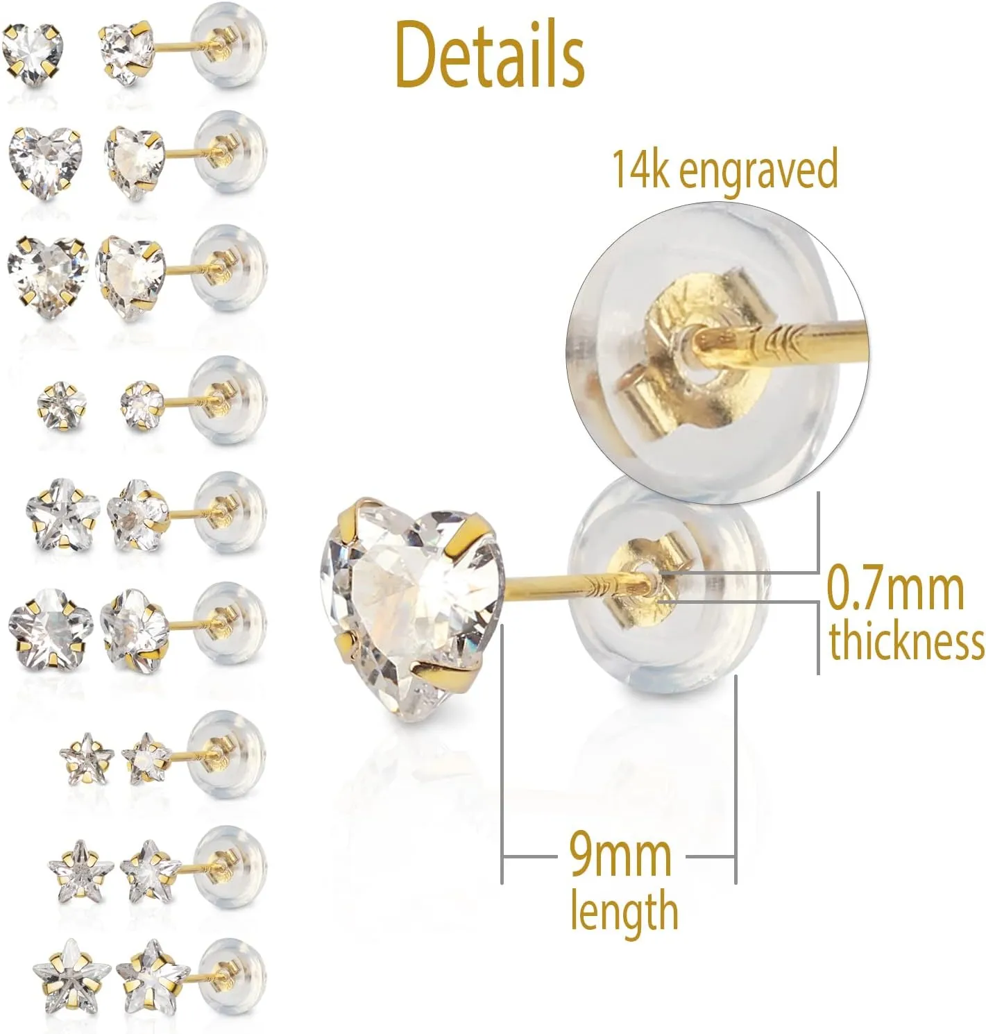 14k real solid Yellow Gold white cz Stud chunky Earrings for women Cubic Zirconia with 14k gold silicone earring flat backs