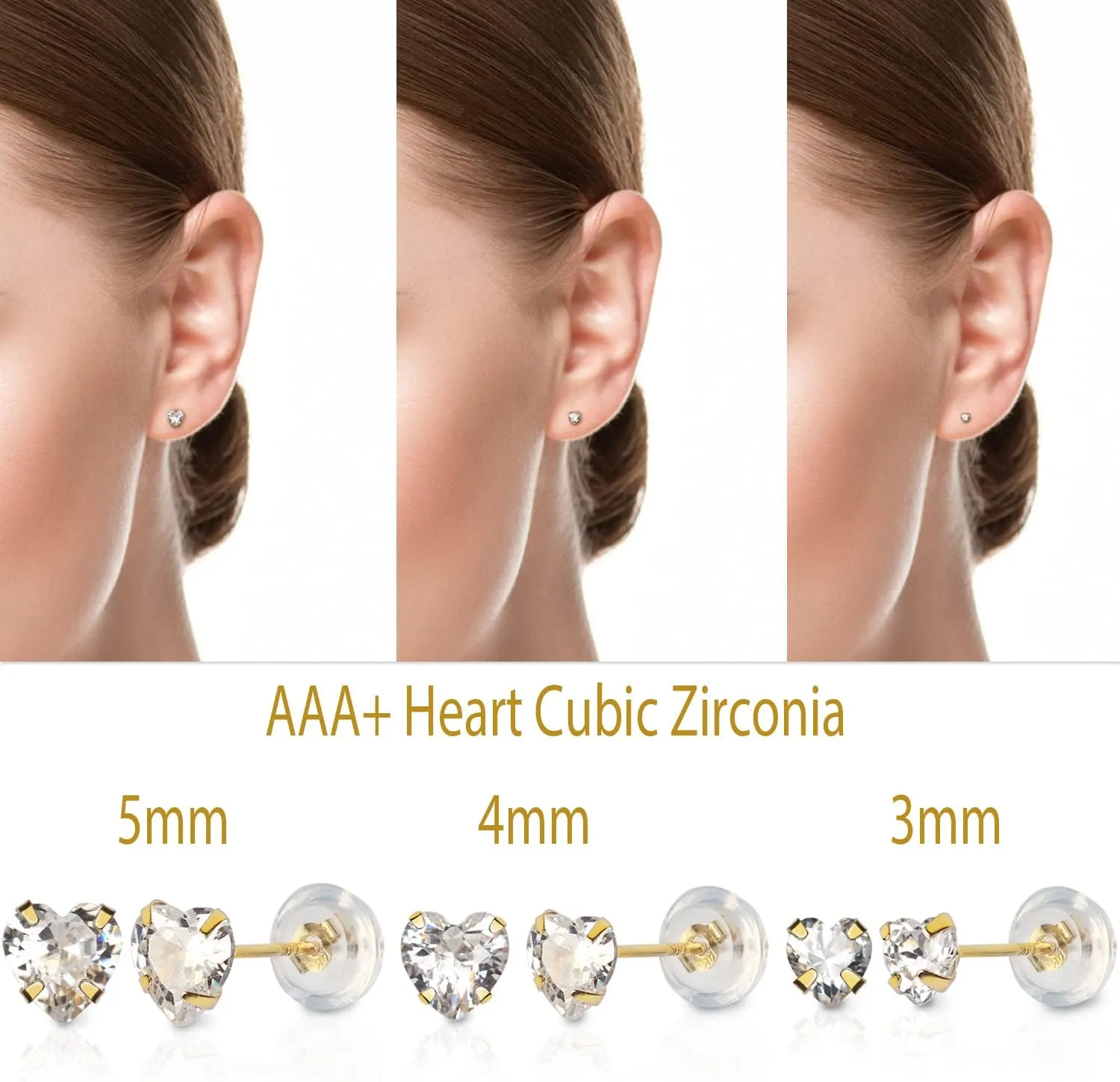 14k real solid Yellow Gold white cz Stud chunky Earrings for women Cubic Zirconia with 14k gold silicone earring flat backs