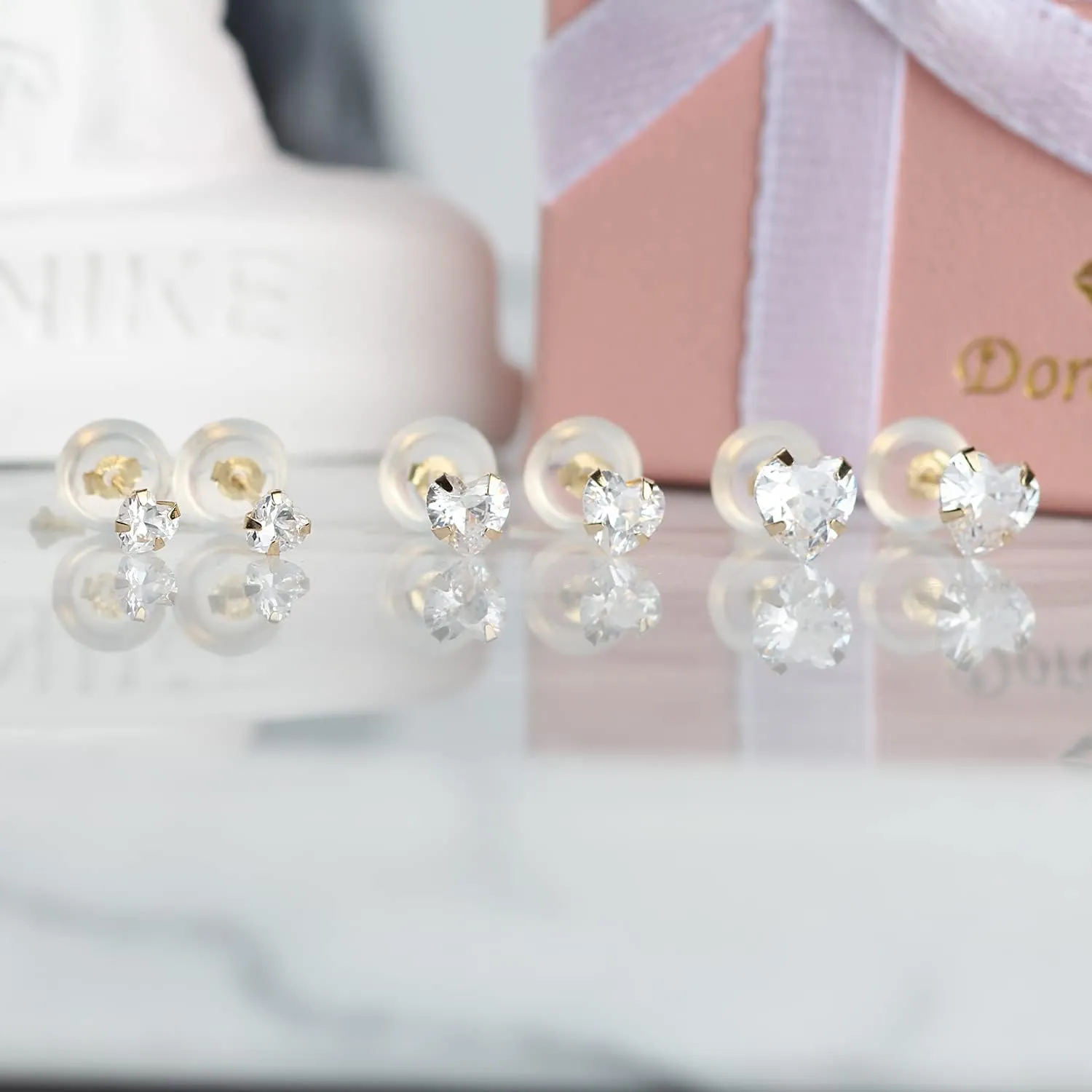 14k real solid Yellow Gold white cz Stud chunky Earrings for women Cubic Zirconia with 14k gold silicone earring flat backs