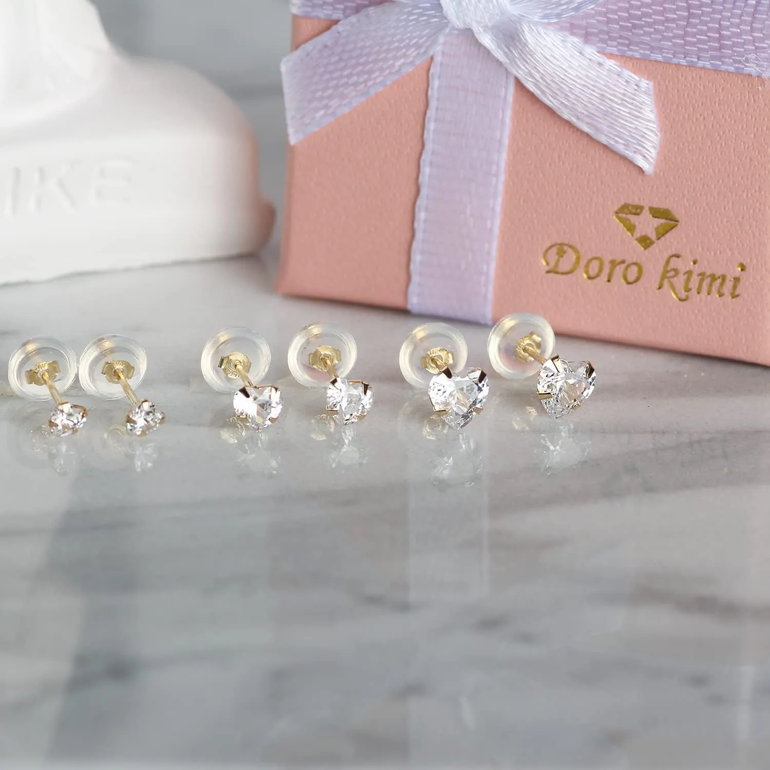 14k real solid Yellow Gold white cz Stud chunky Earrings for women Cubic Zirconia with 14k gold silicone earring flat backs