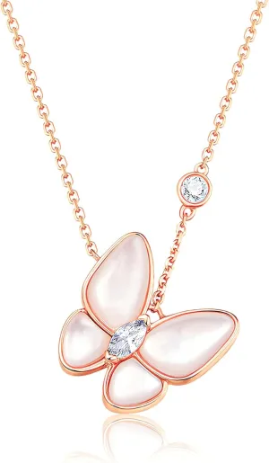 14K Rose Gold Dainty Butterfly Necklaces for Women Trendy Cute Mother of Pearl Shell Pendant Necklace, Jewelry Rose Box Necklace Gifts for Her Woman Wife Mom