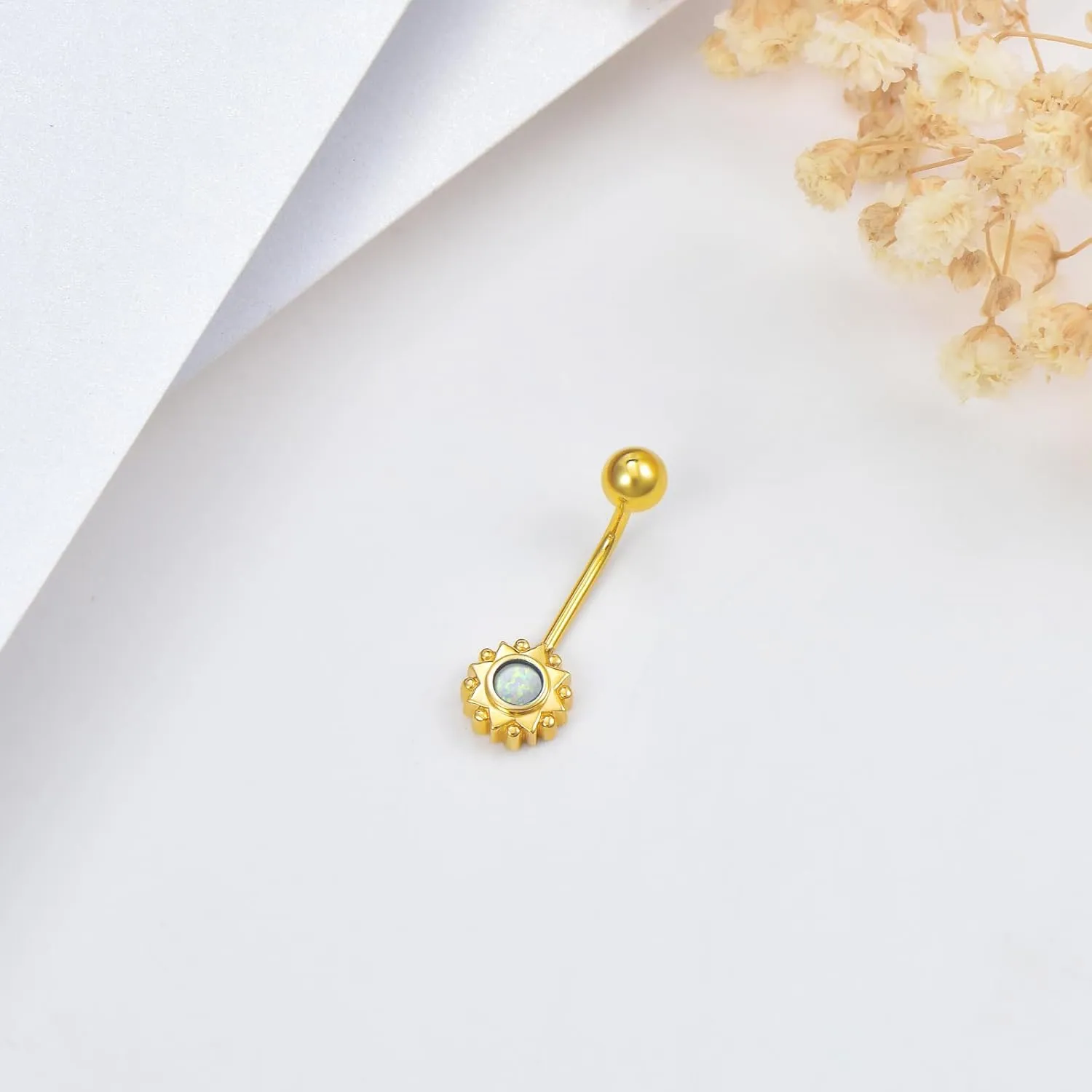 14K Solid Gold Belly Button Rings 14G Yellow Gold Sun Symbol Belly Button Rings Chic 14K Gold Flower Dangle Belly Button Rings Body Piercing Jewelry for Women