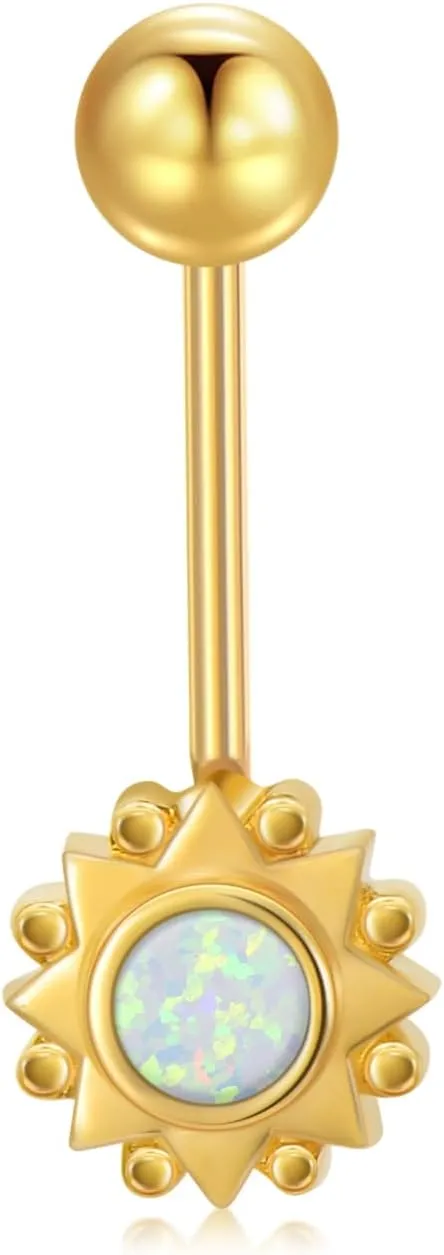 14K Solid Gold Belly Button Rings 14G Yellow Gold Sun Symbol Belly Button Rings Chic 14K Gold Flower Dangle Belly Button Rings Body Piercing Jewelry for Women