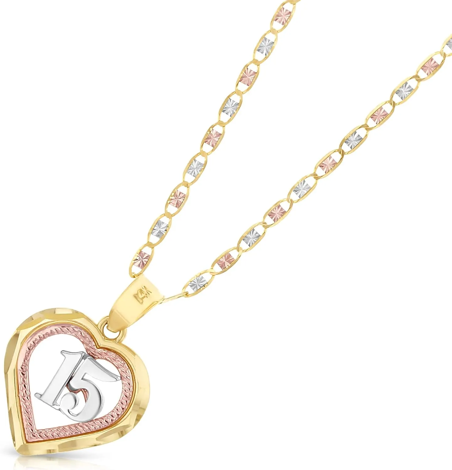 14K Tri Color Gold Sweet 15 Years Quinceanera Heart Charm Pendant with 1.5mm Valentino Chain Necklace