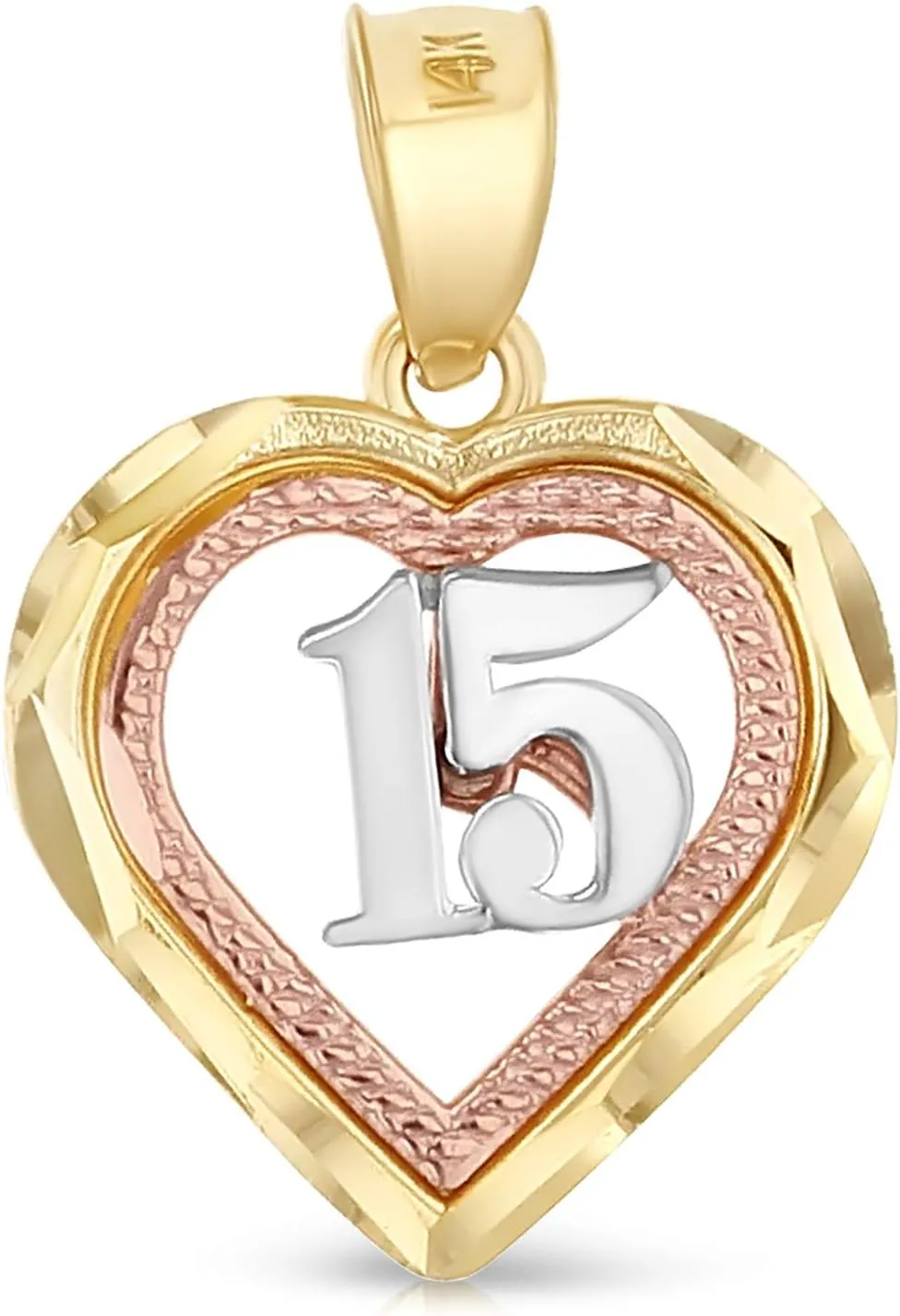 14K Tri Color Gold Sweet 15 Years Quinceanera Heart Charm Pendant with 1.5mm Valentino Chain Necklace