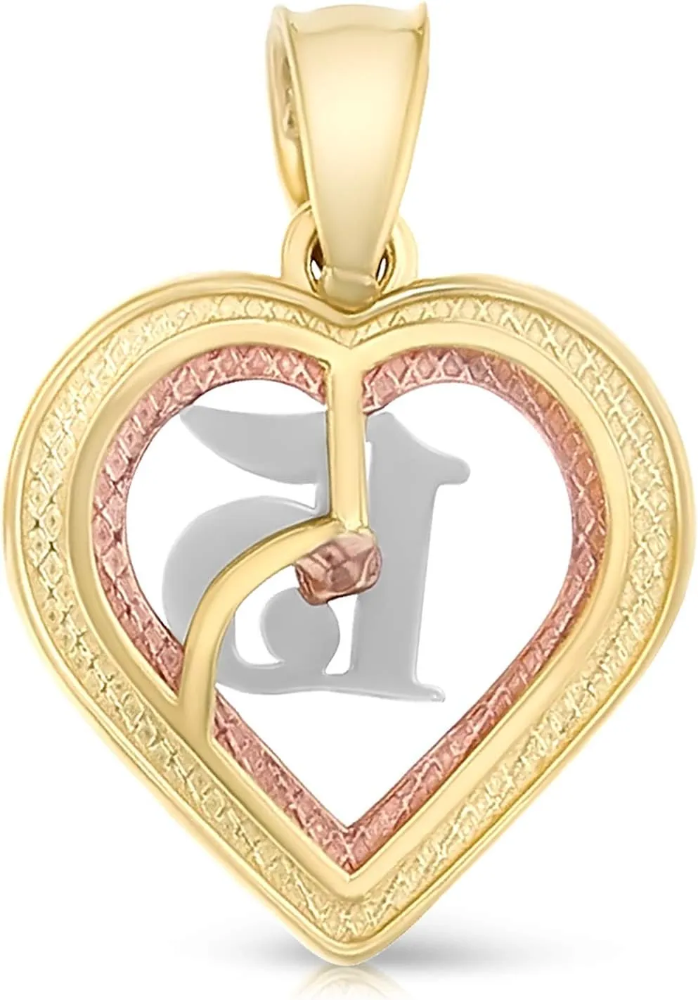14K Tri Color Gold Sweet 15 Years Quinceanera Heart Charm Pendant with 1.5mm Valentino Chain Necklace