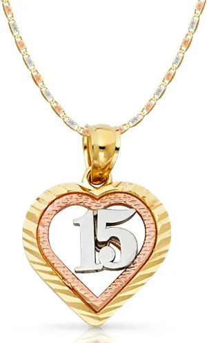 14K Tri Color Gold Sweet 15 Years Quinceanera Heart Charm Pendant with 1.5mm Valentino Chain Necklace