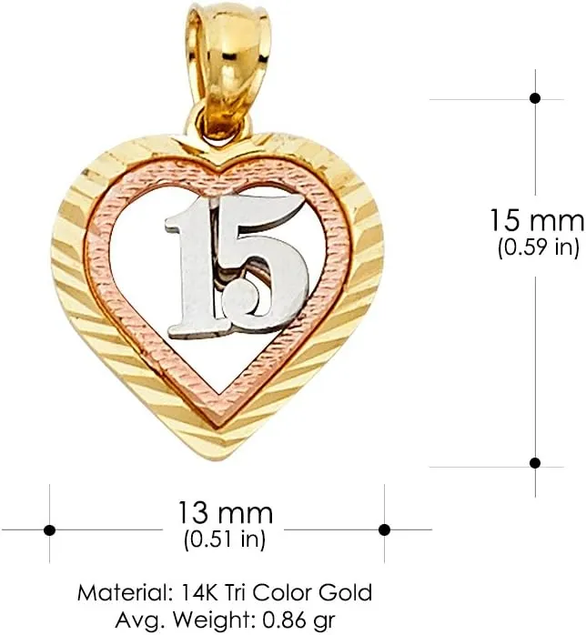 14K Tri Color Gold Sweet 15 Years Quinceanera Heart Charm Pendant with 1.5mm Valentino Chain Necklace