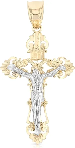 14K Two Tone Gold Jesus Crucifix Cross Religious Charm Medium Pendant For Necklace or Chain