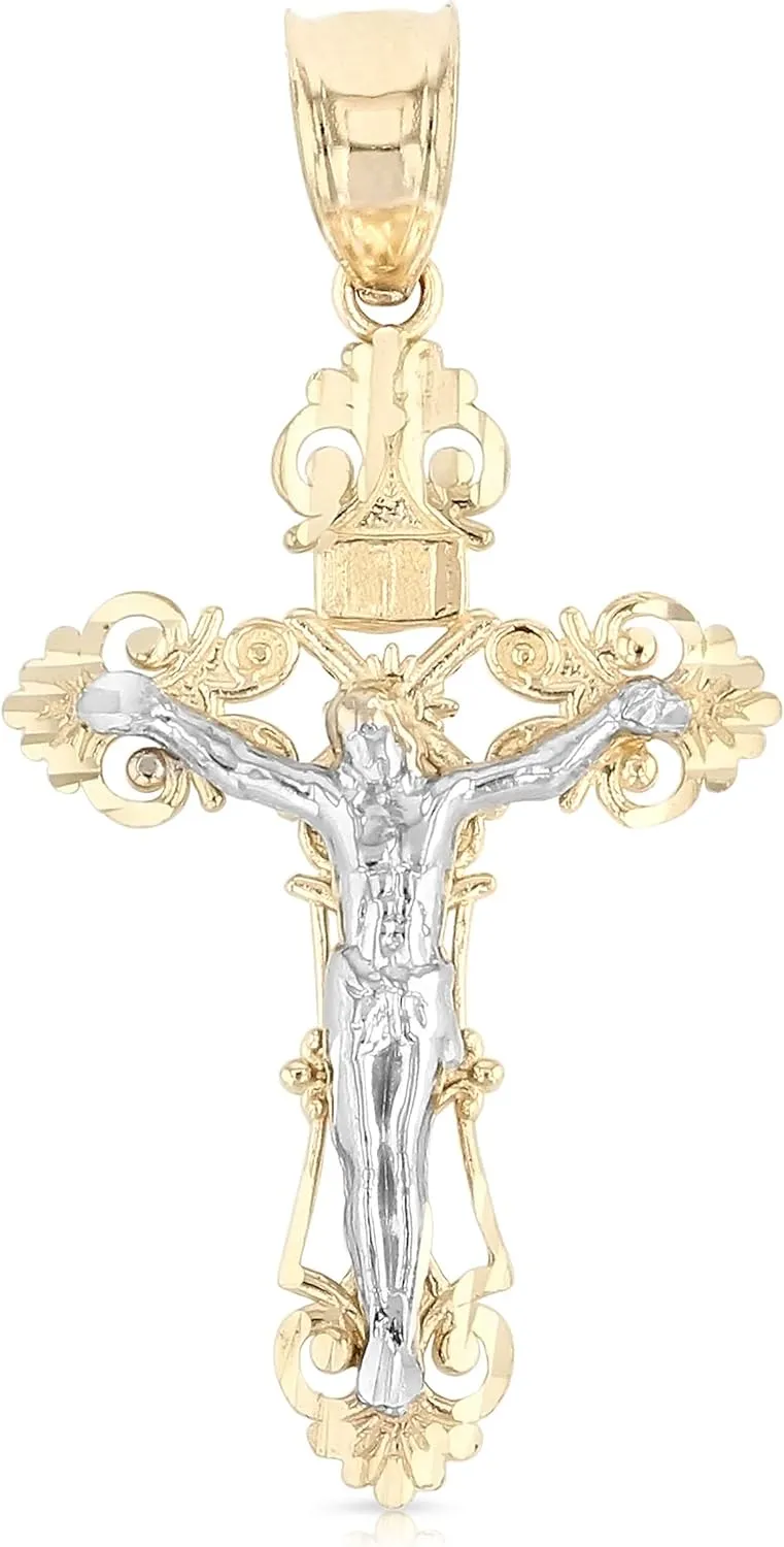 14K Two Tone Gold Jesus Crucifix Cross Religious Charm Medium Pendant For Necklace or Chain