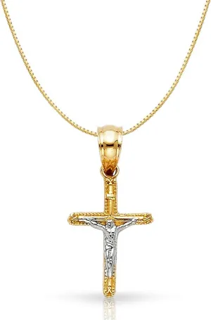 14K Two Tone Gold Jesus Crucifix Cross Religious Charm Pendant with 0.5mm Box Chain Necklace