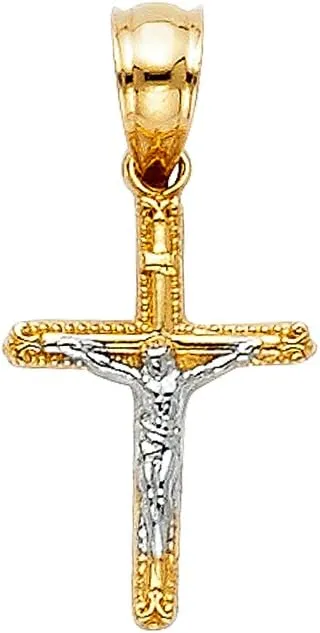 14K Two Tone Gold Jesus Crucifix Cross Religious Charm Pendant with 0.5mm Box Chain Necklace