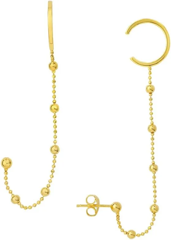 14k Yellow Gold Beaded Long Drop Dangle Earrings With Cuff Stackable Bangle Bracelet Ear-Cuff for Women