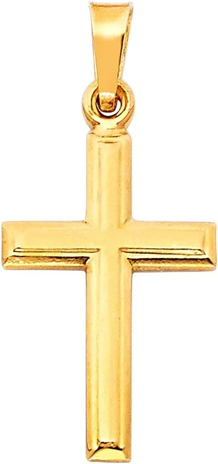 14K Yellow Gold Cross Pendant with 1.7mm Flat Open Wheat Chain Chain Necklace