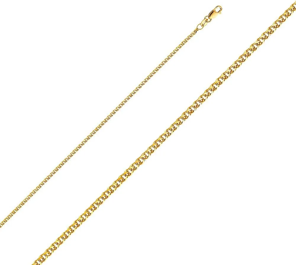 14K Yellow Gold Cross Pendant with 1.7mm Flat Open Wheat Chain Chain Necklace