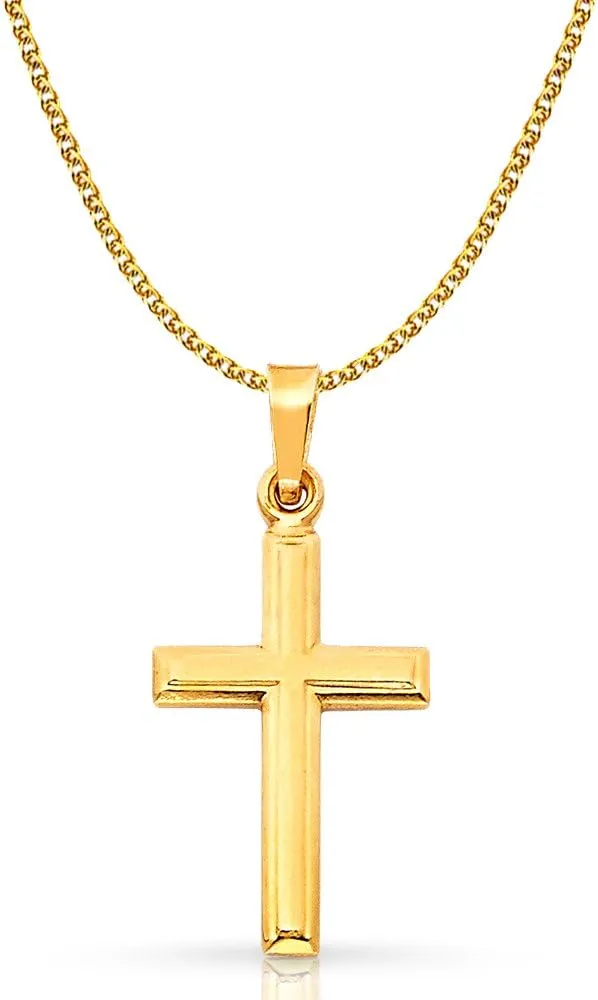 14K Yellow Gold Cross Pendant with 1.7mm Flat Open Wheat Chain Chain Necklace