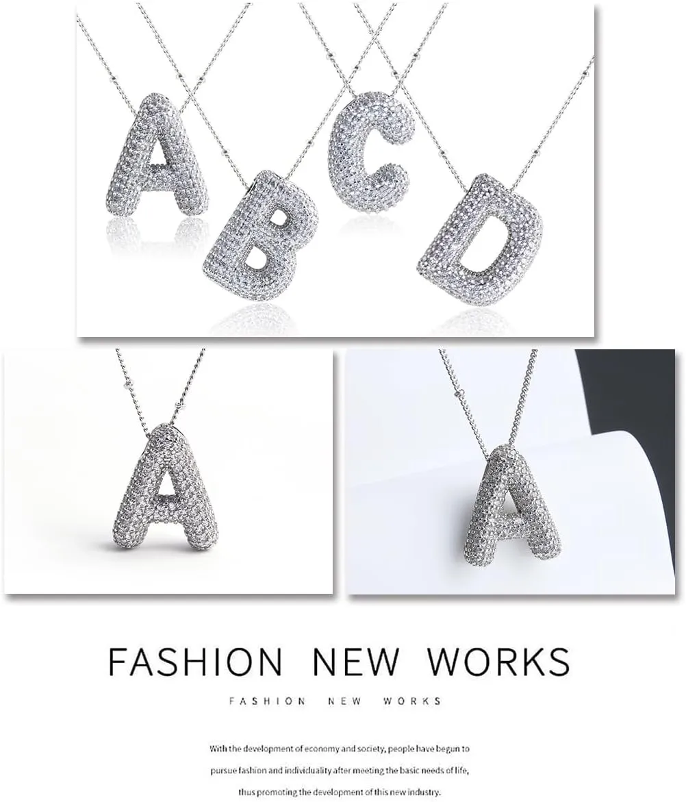 18k Gold Plated Dainty Cubic Zirconia Bubble Alphabet 26 A-Z Letter Necklace, Personalized Monogram Necklace,Balloon Initial Necklace for Women Female