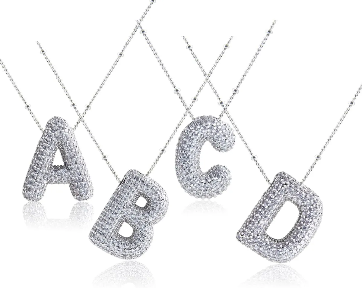 18k Gold Plated Dainty Cubic Zirconia Bubble Alphabet 26 A-Z Letter Necklace, Personalized Monogram Necklace,Balloon Initial Necklace for Women Female