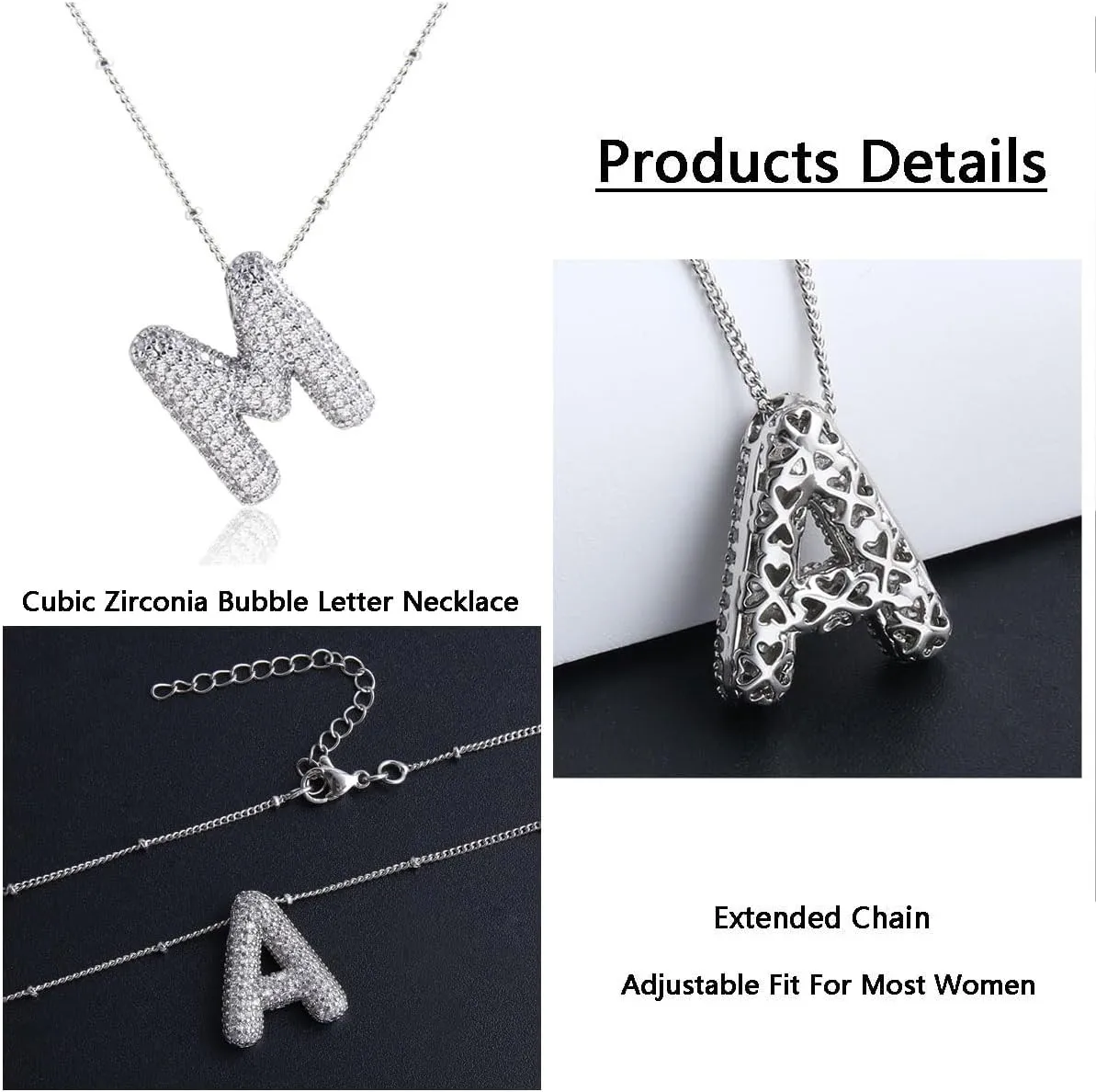 18k Gold Plated Dainty Cubic Zirconia Bubble Alphabet 26 A-Z Letter Necklace, Personalized Monogram Necklace,Balloon Initial Necklace for Women Female