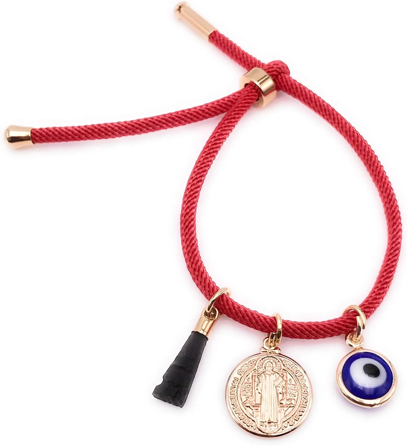 18K Gold Plated Saint Benedict Red String Bracelet Adjustable Charm Evil Eye & Dainty Genuine Azabache Hand