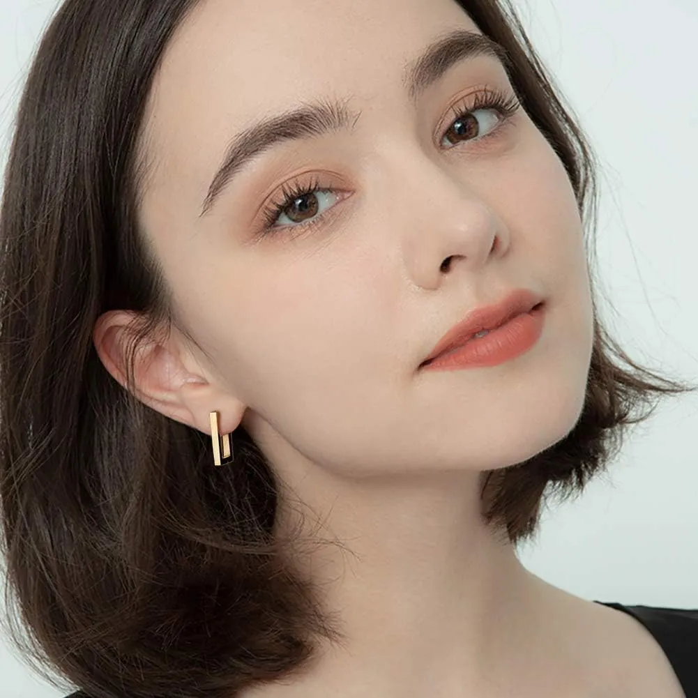 2 Pairs 14K Gold Plated Minimalist Hoop Earrings Small Dainty Geometric Square and Rectangle Huggies Hoops for Girls Women Gift, gold, silver and black