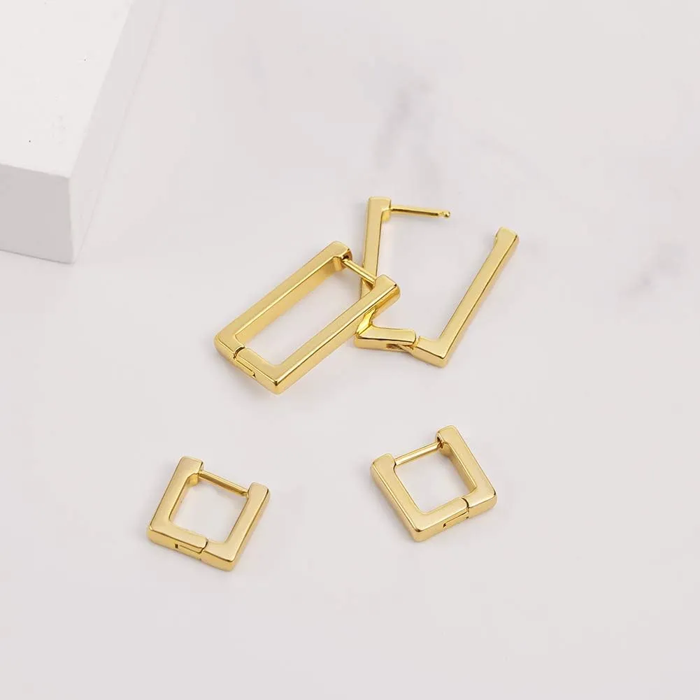 2 Pairs 14K Gold Plated Minimalist Hoop Earrings Small Dainty Geometric Square and Rectangle Huggies Hoops for Girls Women Gift, gold, silver and black