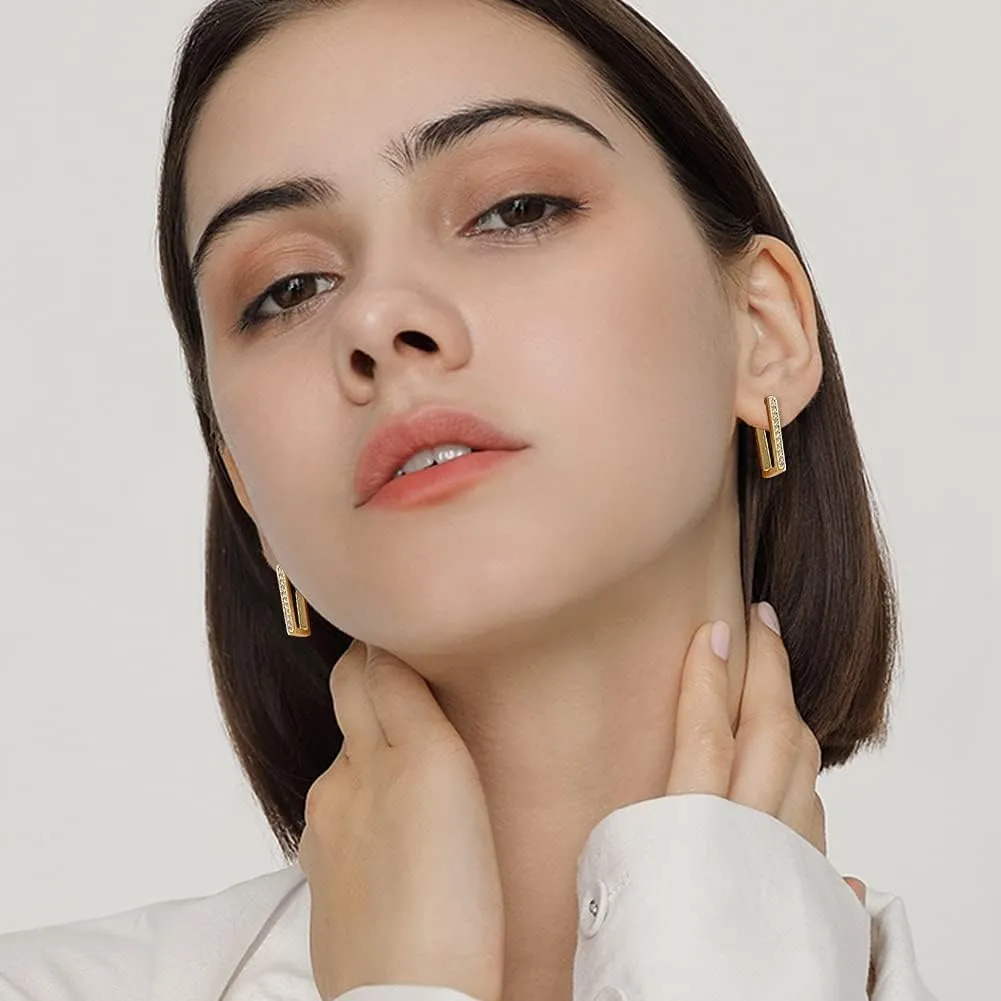 2 Pairs 14K Gold Plated Minimalist Hoop Earrings Small Dainty Geometric Square and Rectangle Huggies Hoops for Girls Women Gift, gold, silver and black