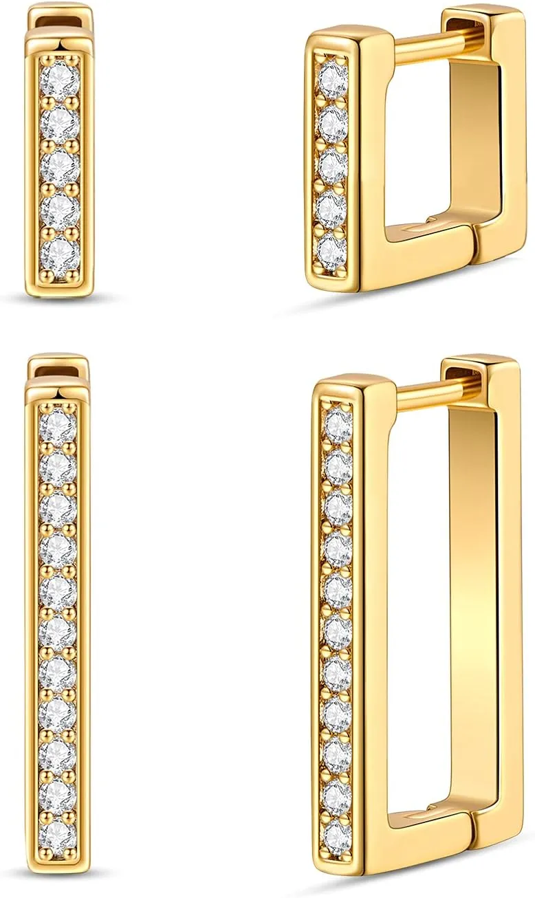2 Pairs 14K Gold Plated Minimalist Hoop Earrings Small Dainty Geometric Square and Rectangle Huggies Hoops for Girls Women Gift, gold, silver and black