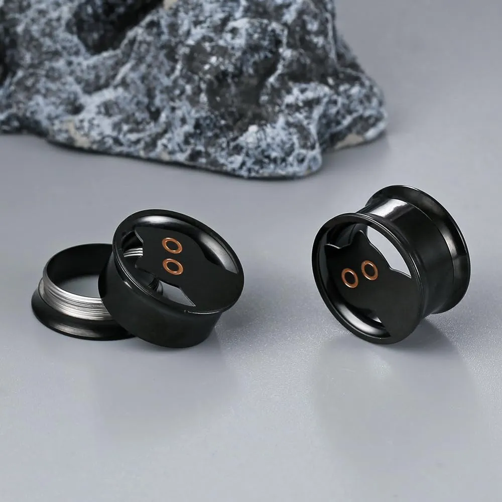 2 PCS Black gauges cute cat Ear Tunnels Plugs 316 Stainless Steel Ear Weight Plugs Hypoallergenic expander Piercing Body Jewelry women and men