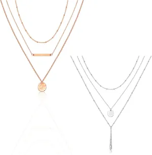 2 Pcs Bohemia Layered Necklace Set Multilayer Choker Necklaces Simple Coin Bar Pendant Station Chain Necklace for Women