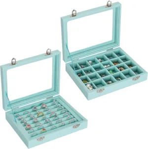2 PIECES Jewelry Ring Earring Organizer Display Tray, Velvet Small Jewelry Ring Stud Earring Necklace Bracelet Pendant Holder Case Box with Transparent lid (Blue)