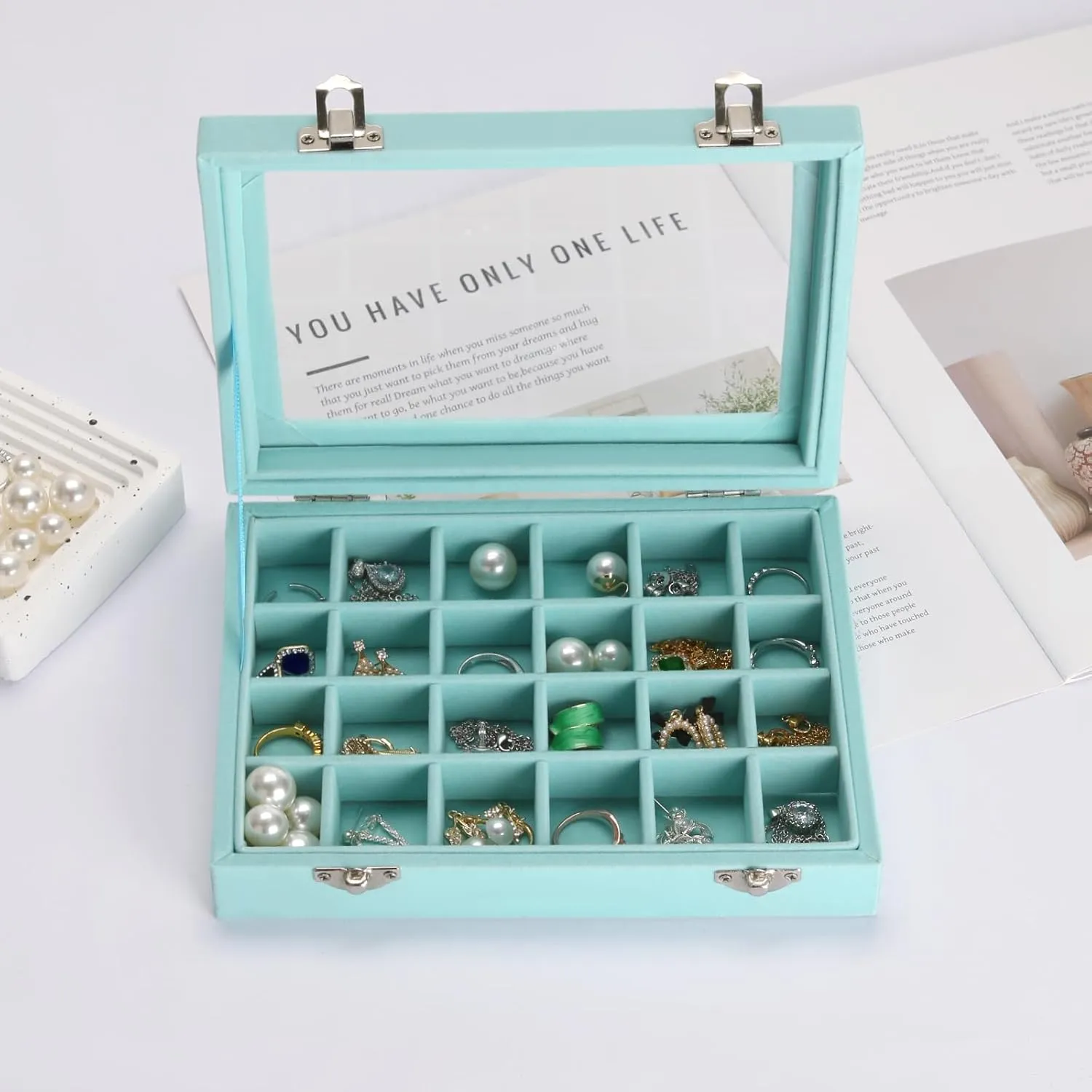 2 PIECES Jewelry Ring Earring Organizer Display Tray, Velvet Small Jewelry Ring Stud Earring Necklace Bracelet Pendant Holder Case Box with Transparent lid (Blue)