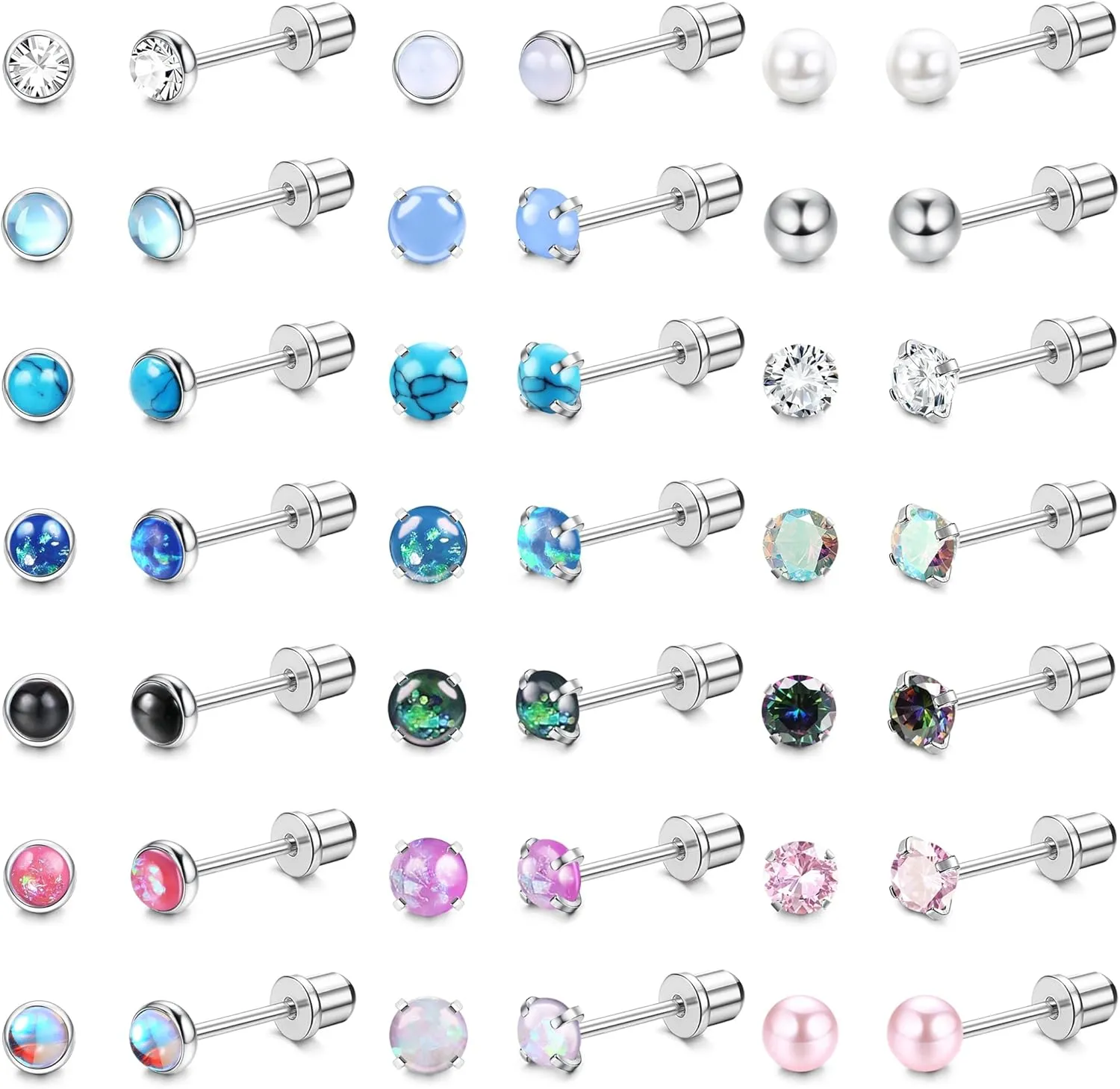 21Pairs Hypoallergenic Surgical Steel Earrings - Flat Back Stud Earrings for Women Men - 20G Small Flatback Stud Earrings - Screw Back Cartilage Earring Sets for Multiple Piercing
