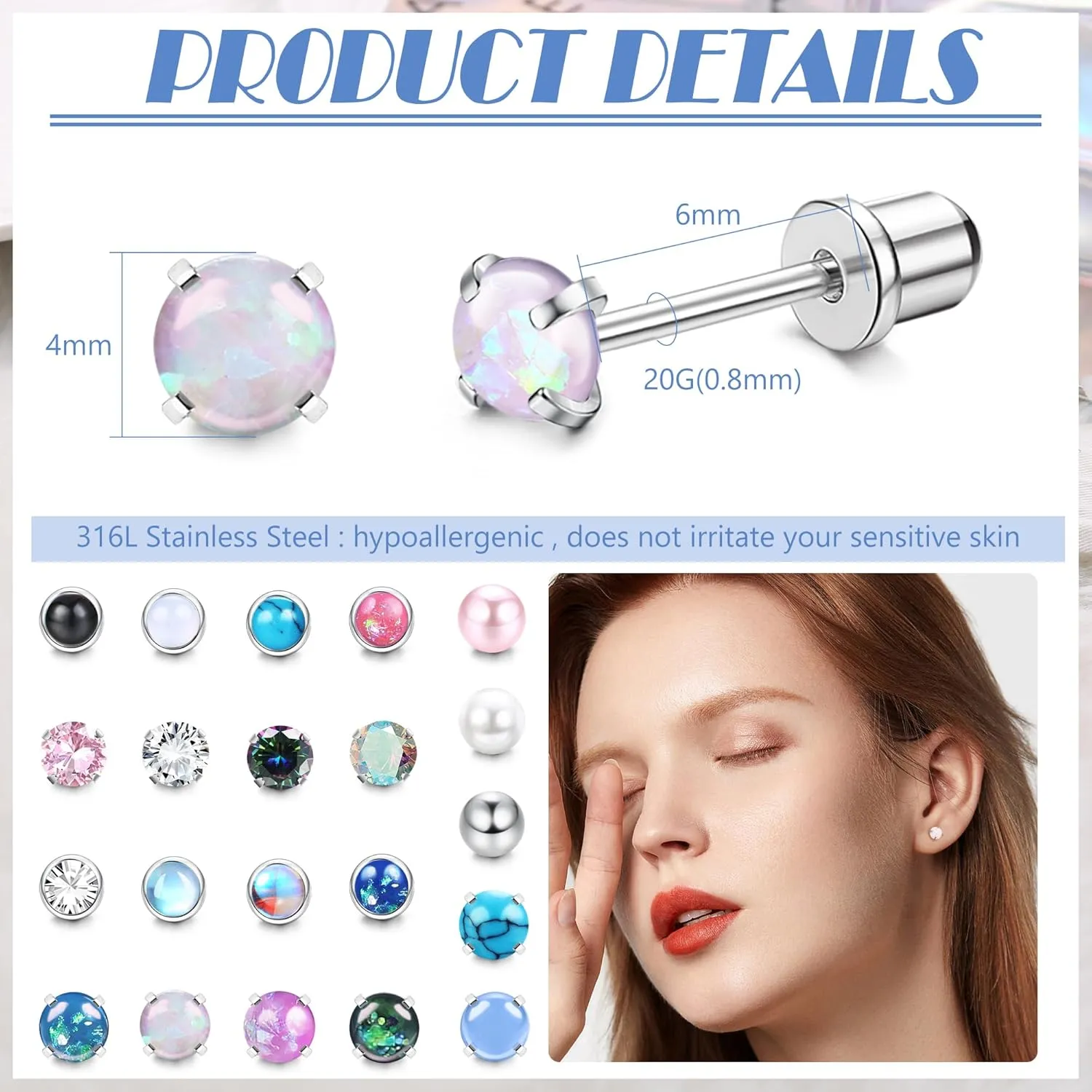 21Pairs Hypoallergenic Surgical Steel Earrings - Flat Back Stud Earrings for Women Men - 20G Small Flatback Stud Earrings - Screw Back Cartilage Earring Sets for Multiple Piercing